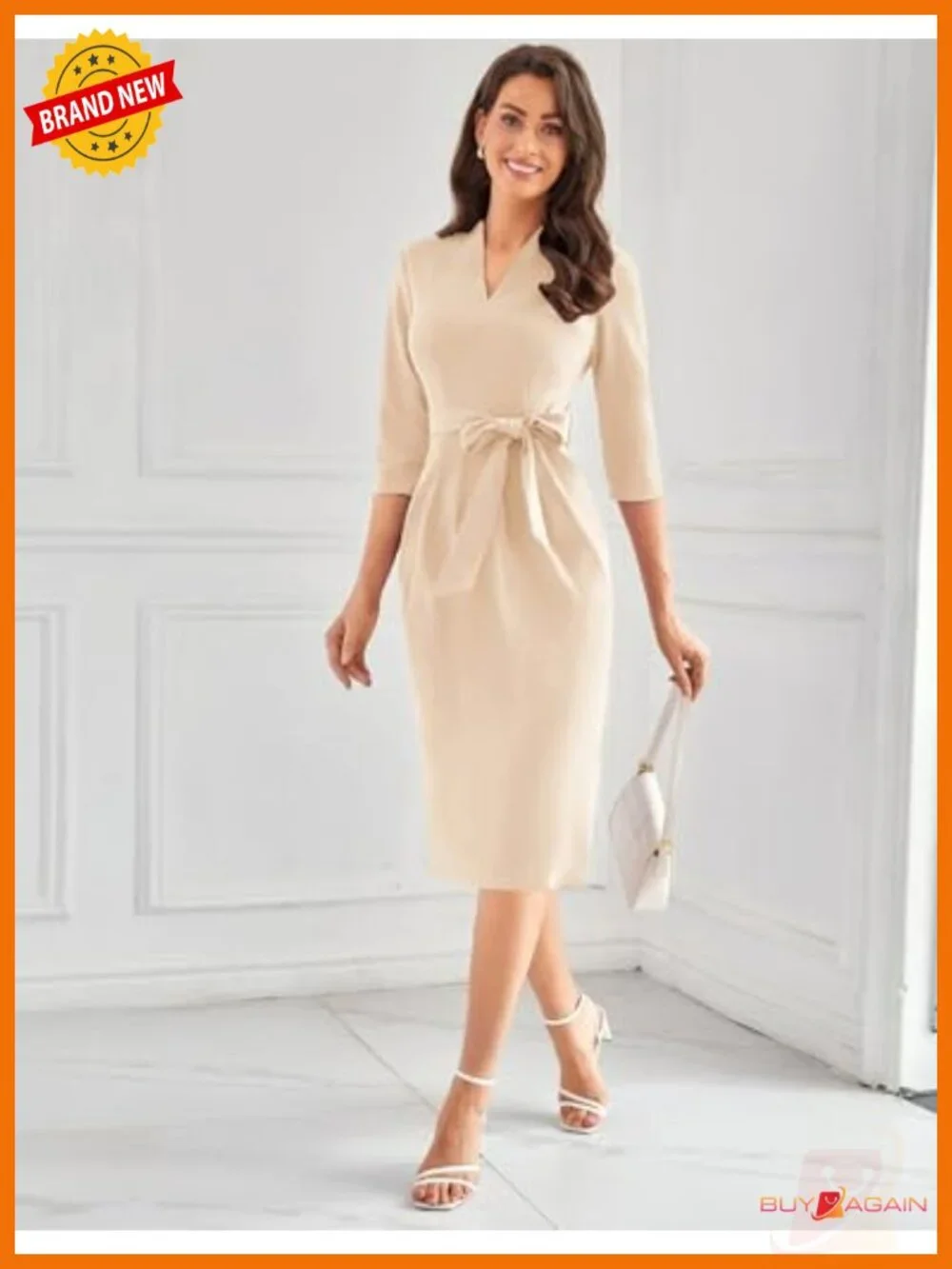 GRACE KARIN 3/4 Sleeve Work Dress with Pockets Bodycon Belted V-Neck Midi